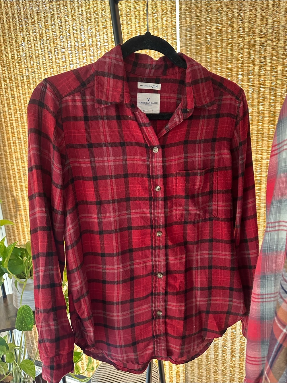 American Eagle Red Black Plaid Boyfriend Fit Button-Down Flannel Shirt